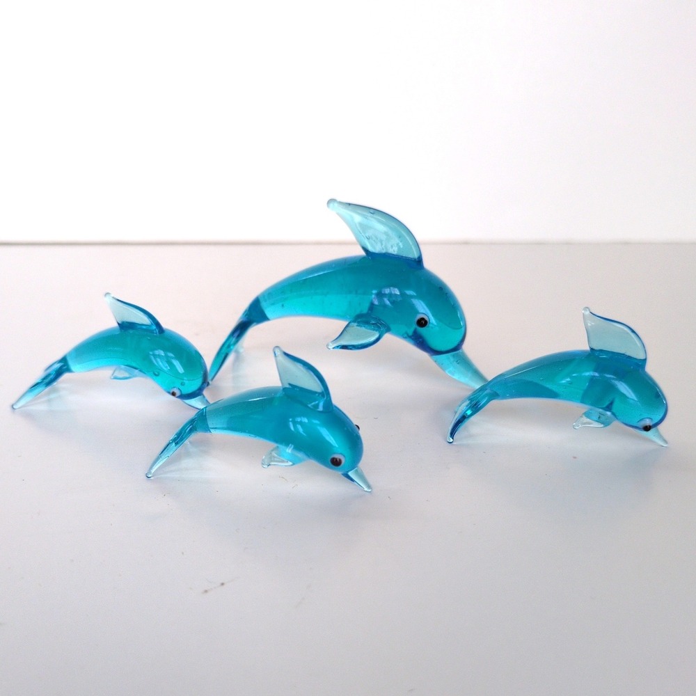 Glass Dolphin Figurines Murano Syle Miniature Family Set of 4 Ocean Blue Clear